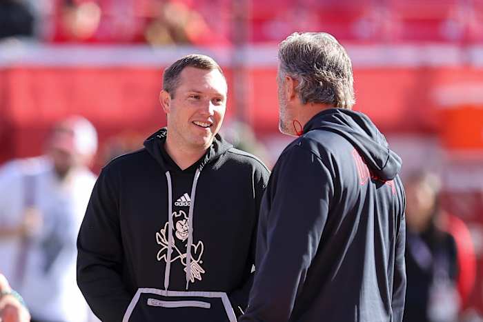 Nov 4, 2023; Salt Lake City, Utah, USA; Arizona State Sun Devils head coach Kenny Dillingham speaks with Utah Utes head coach Kyle Whittingham before a game at Rice-Eccles Stadium. Mandatory Credit: Rob Gray-USA TODAY Sports